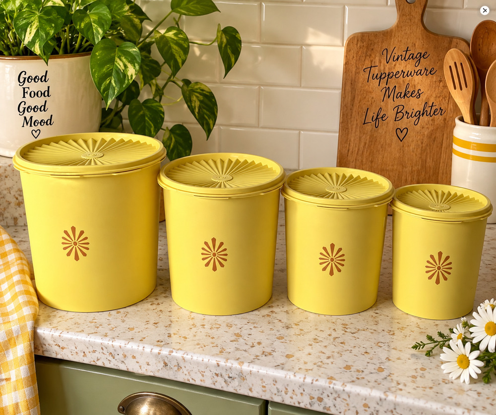 Vintage Tupperware 4-Piece Servalier Canister Set Yellow Harvest Gold Starburst
